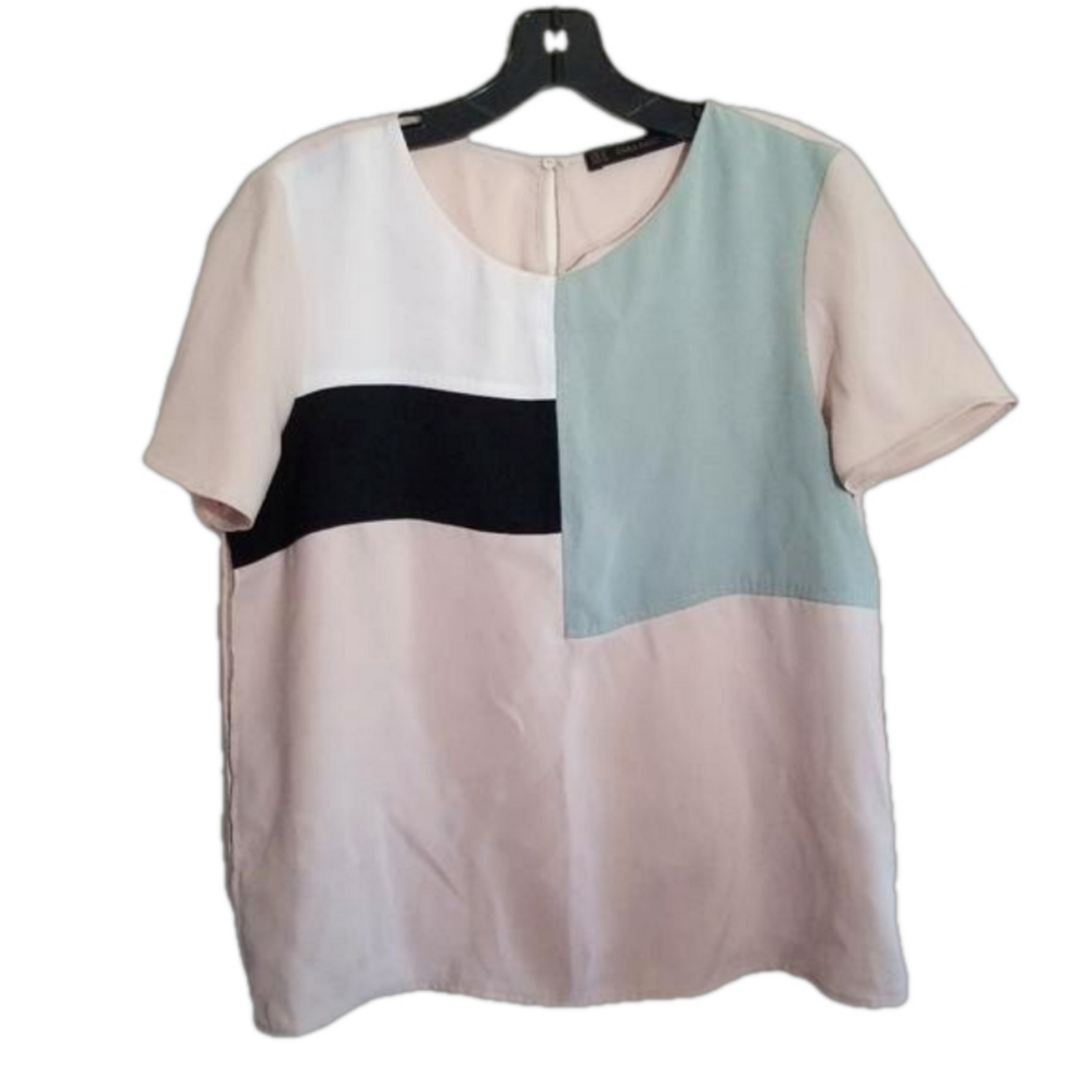 Zara Colorblock Cropped Keyhole Blouse Beige Green Black Size Medium
